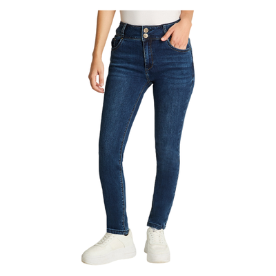 Jeans Slim 5 Bolsillos Pretina Dos Botones Push Up Azul