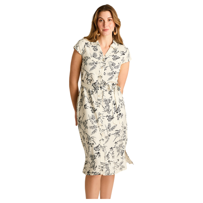 Vestido Midi Lino Crudo Con Estampado Negro