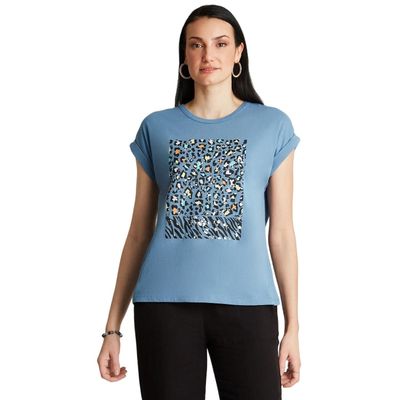 Polera azul Manga Corta Print Y Detalle En Espalda