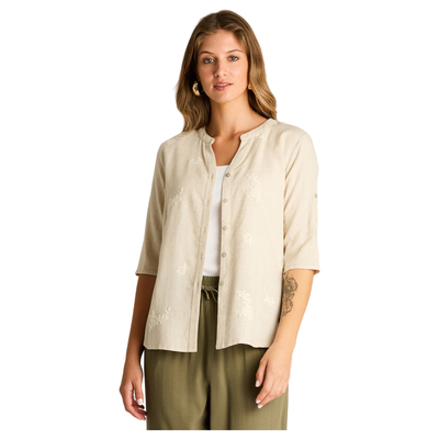 Blusa Beige Manga 3/4 No Elasticado Sin Forro Calce Normal