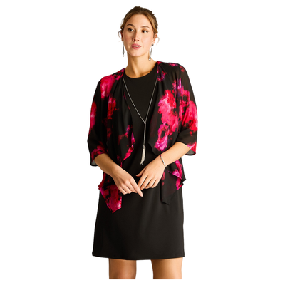 Vestido Corto Negro con Capa Estampada Fiesta Floral