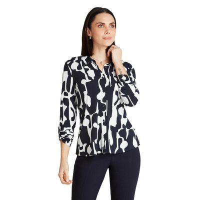 Polera Azul Manga Larga Estampado Cuello Camisero