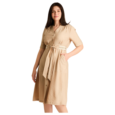 Vestido Midi Beige Baja elasticidad Sin Forro Calce Normal