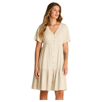 Vestido Corto Beige No Elasticado Sin Forro Calce Holgado