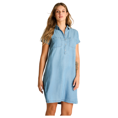 Vestido Corto Celeste No Elasticado Sin Forro Calce Holgado