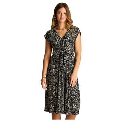 Imagen 1 del producto Vestido Midi Negro Estampado con Nudo Frontal