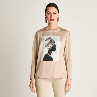 Polera Fabric Mix Print Frontal Beige