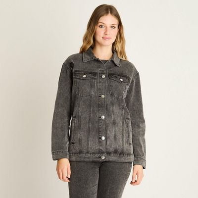 Casaca Mezclilla Gris Oscuro Estilo Oversize Clásica