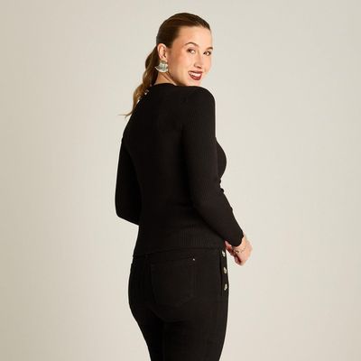 Imagen 2 del producto Sweater Negro Manga Larga con Escote en V y Botones