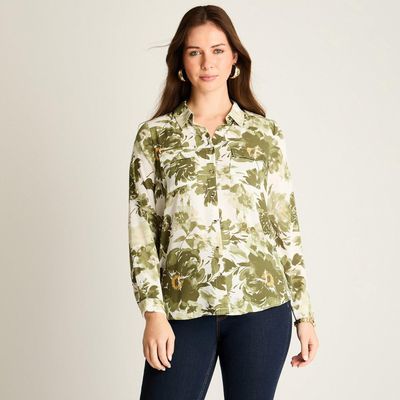 Blusa Verde con Estampado Floral y Mangas Roll-Up