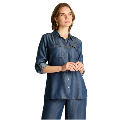 Blusa Azul Estilo Camisero en Lyocell