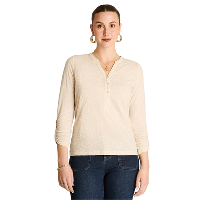 Imagen 1 del producto Polera Arena Manga Larga con Cuello Mao y Detalles Bordados