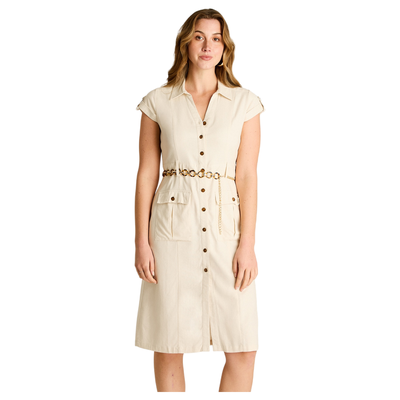 Imagen 1 del producto Vestido Corto Lino Arena con Bolsillos y Cinturón