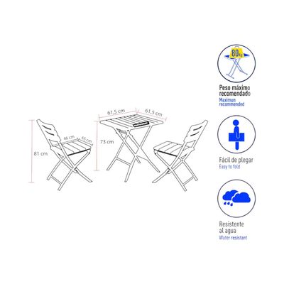 Imagen 2 del producto Set 2 sillas + Mesa Cuadrada Plegable 61x73 Café Northwest