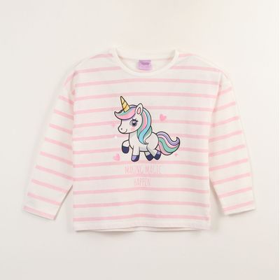 Polera Manga Larga Niña Pink Lines Blanco Unicornio