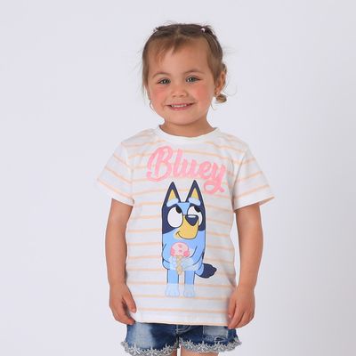 Polera Manga Corta Niña Blanco Rayas Bluey