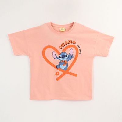 Polera Manga Corta Niña Damasco Stitch Ohana Disney