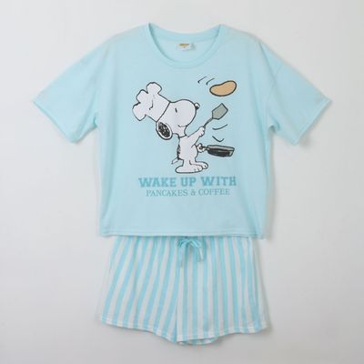 Pijama Manga Corta Mujer Celeste Cocinando Snoopy