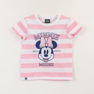 Polera Manga Corta Niña Rosado Rayas Minnie Smile Disney