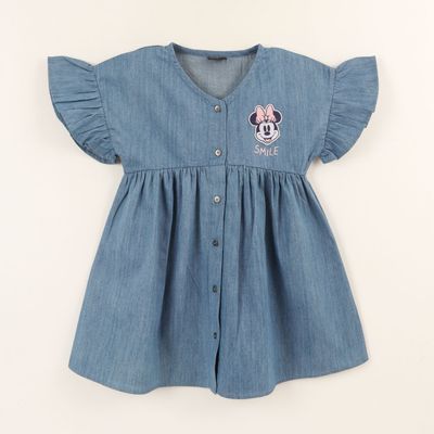 Vestido Manga Vuelos Niña Denim Azul Botones Minnie Disney