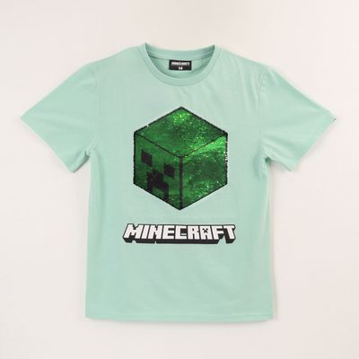 Polera Manga Corta Niño Verde Lentejuelas Minecraft