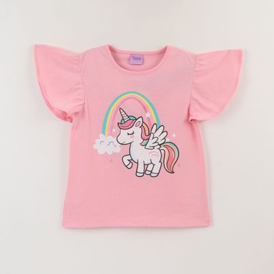 Polera Manga Corta Niña Rosado Arcoíris Unicornio