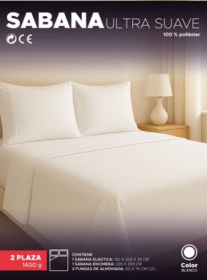 Imagen 2 del producto Juego De Sábanas Blanco 1800 Hilos Ultra Suave 2 plazas Vincenzi
