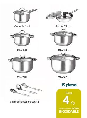 Imagen 2 del producto Batería o Juego de Ollas Cocina 15 Pzs Acero Inoxidable Antiadherente