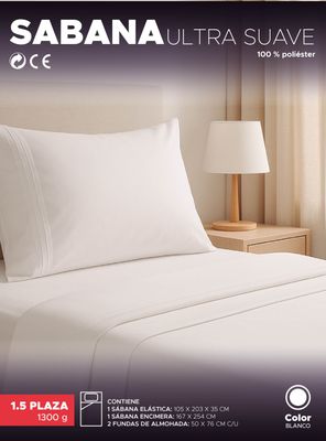 Imagen 2 del producto Juego De Sábanas Blanco 1800 Hilos Ultra Suave 1,5 Plazas Vincenzi