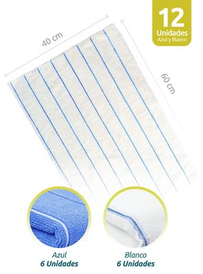 Imagen 2 del producto Pack De 12 Paños De Cocina 60x40 Cm Microfibra Azul Y Blanco