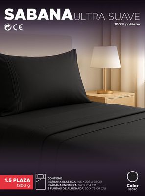 Imagen 2 del producto Juego De Sábanas Negro 1800 Hilos Ultra Suave 1,5 plazas Vincenzi