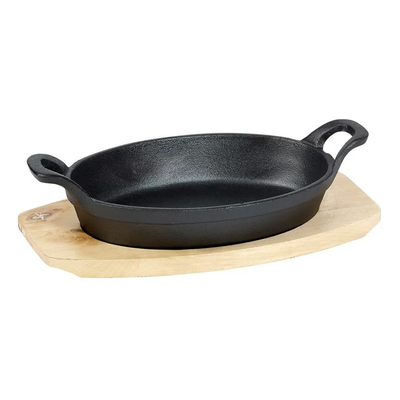 SARTEN HIERRO OVALADO CON BASE MADERA 27.6X15.2X4.5 CM