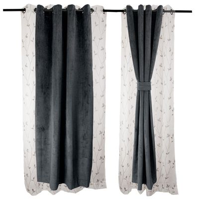 Set Cortinas 4 pzas New Velvet -Velo Bordado Gris