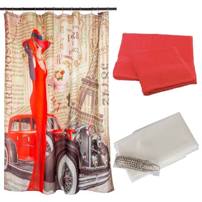 Set Cortina Baño Paris Rouge + Juego de Toallas Rojo