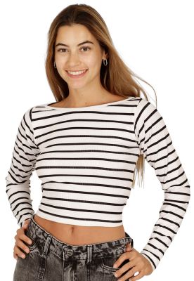 Polera Almendra I Blanca Rayas Negras Divino Jeans
