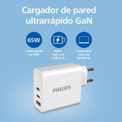 Imagen 2 del producto Cargador Philips 65W Carga Ultra Rápida 3 Puertos 2 USB-C + 1 USB-A