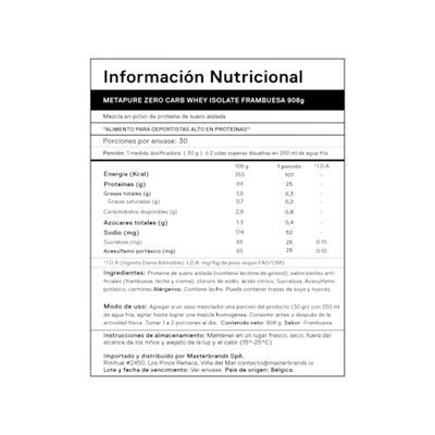 Imagen 2 del producto PROTEINA METAPURE ISO WHEY ZERO RASPBERRY 908GR - QNT