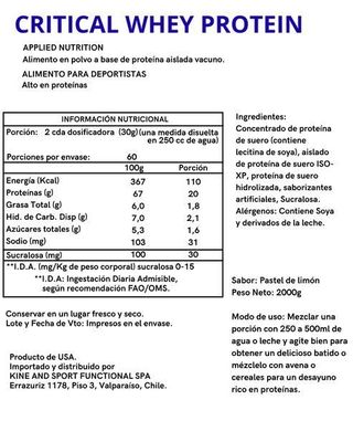 Imagen 2 del producto PROTEINA CRITICAL WHEY 2KG 67 SERVICIOS LEMON CHEESECAKE - APPLIED NUTRITION