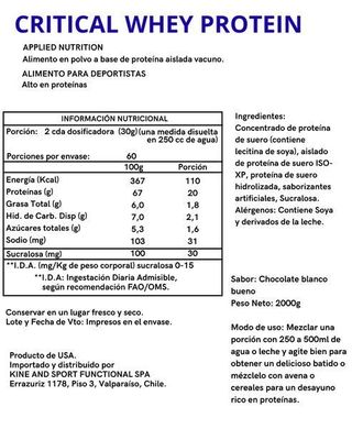 Imagen 2 del producto PROTEINA CRITICAL WHEY 2KG 67 SERVICIOS WHITE CHOCO BUENO - APPLIED NUTRITION