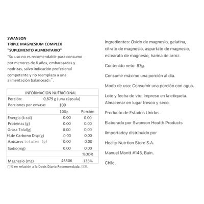 Imagen 2 del producto TRIPLE MAGNESIUM COMPLEX 400MG 100 CPS VEGANAS SWANSON