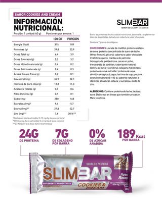 Imagen 2 del producto Box 12 Barras con 23gr de proteína 60gr Slimbar - Cookies and cream