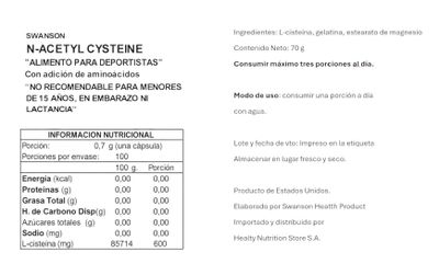 Imagen 2 del producto N ACETIL CISTEINA NAC 600MG 100 CAPSULAS SWANSON