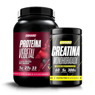 PACK PROTEÍNA VEGETAL FRUTOS DEL BOSQUE + CREATINA MONOHIDRATADA 300GR SIN SABOR - GOHARD