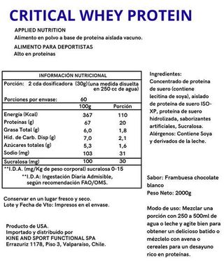 Imagen 2 del producto PROTEINA CRITICAL WHEY 2KG 67 SERVICIOS WHITE CHOCOLATE RASPBERRY - APPLIED NUTRITION