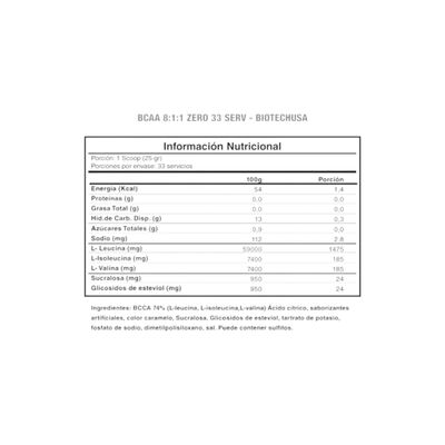 Imagen 2 del producto BCAA 8:1:1 ZERO BIOTECHUSA 30 SERVICIOS