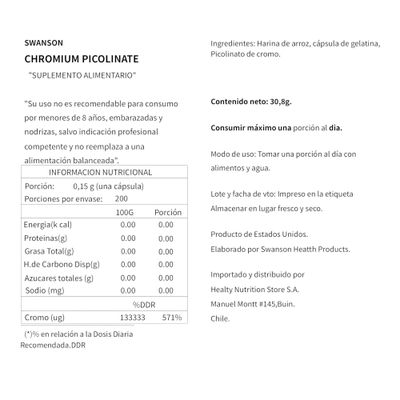 Imagen 2 del producto PICOLINATO DE CROMO 200MCG 200 CAPSULAS VEGANAS SWANSON