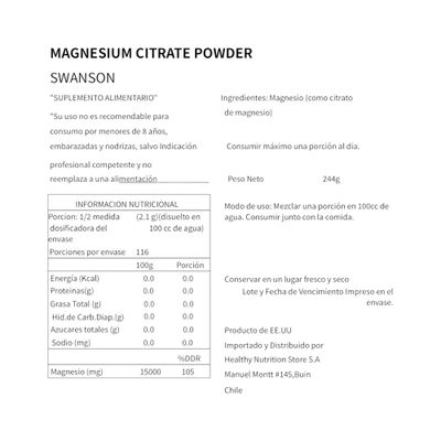 Imagen 2 del producto MAGNESIO CITRATO EN POLVO SIN SABOR 244GR SWANSON