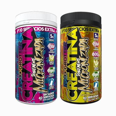 2 FRASCOS CREATINA MONOHIDRATO - 40 SERV C/U - Italo grottini - SIN SABOR Y MANGO MARACUYA