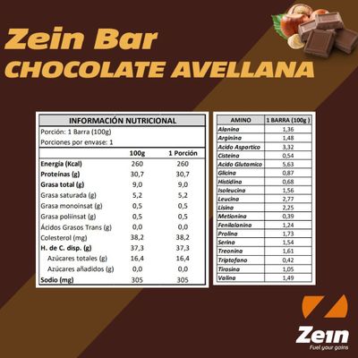 Imagen 2 del producto BARRA DE PROTEINA ZEIN BAR CHOCOLATE AVELLANA 100GR - ZEIN