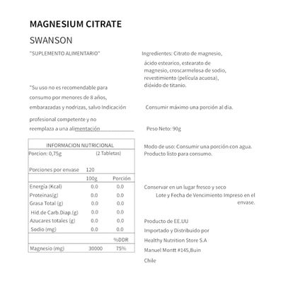 Imagen 2 del producto MAGNESIO CITRATO 240 TABLETAS SWANSON